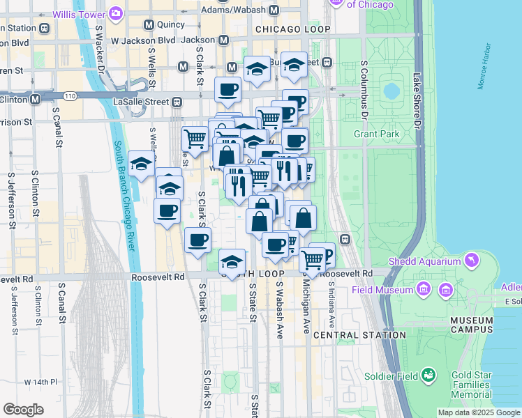 map of restaurants, bars, coffee shops, grocery stores, and more near 900 South State Street in Chicago