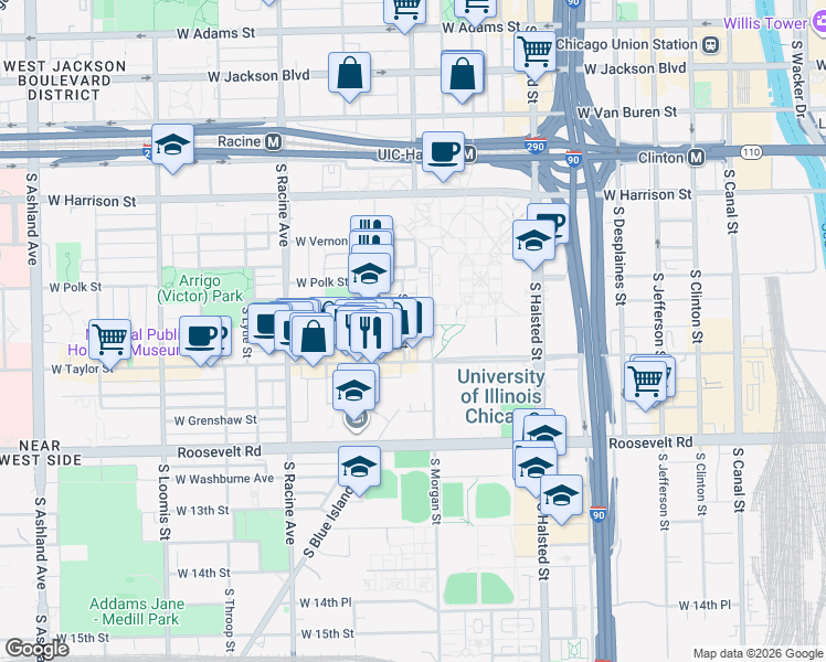 map of restaurants, bars, coffee shops, grocery stores, and more near 828 South Miller Street in Chicago