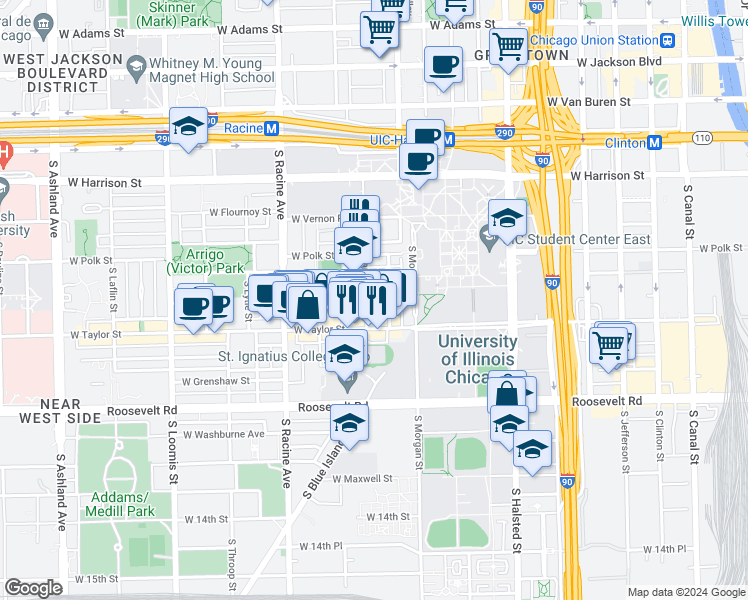 map of restaurants, bars, coffee shops, grocery stores, and more near 828 South Miller Street in Chicago