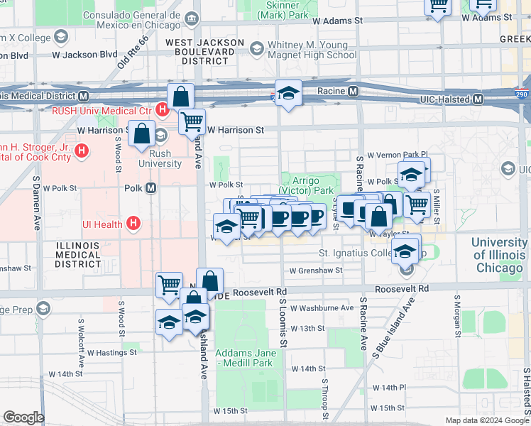 map of restaurants, bars, coffee shops, grocery stores, and more near 820 South Bishop Street in Chicago