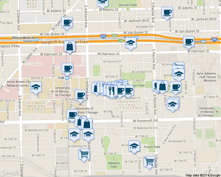 map of restaurants, bars, coffee shops, grocery stores, and more near 820 South Bishop Street in Chicago