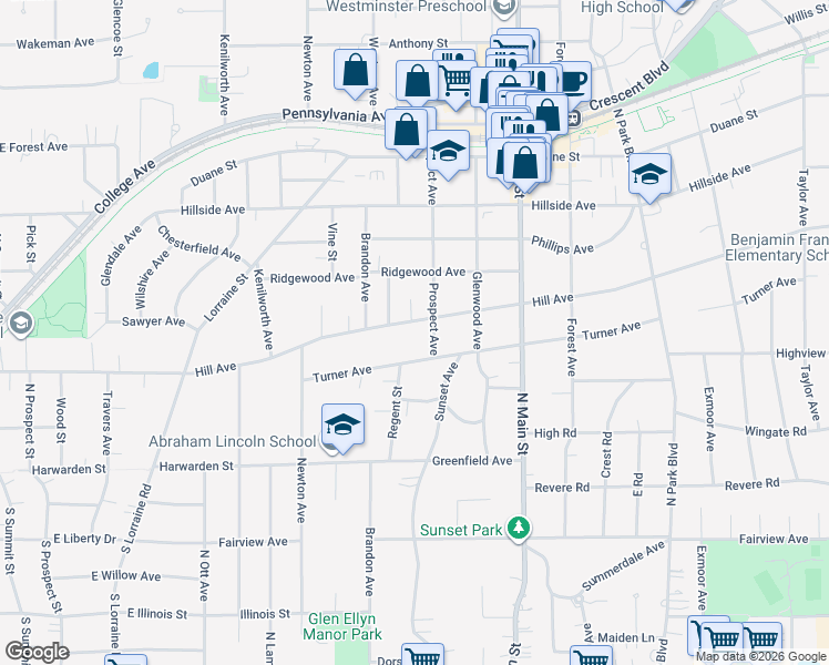 map of restaurants, bars, coffee shops, grocery stores, and more near 436 Hill Avenue in Glen Ellyn