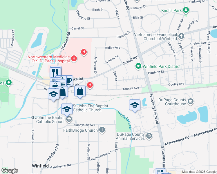 map of restaurants, bars, coffee shops, grocery stores, and more near S029 Robbins Street in Winfield