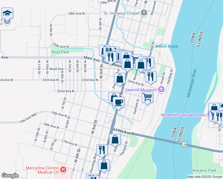 map of restaurants, bars, coffee shops, grocery stores, and more near 2221 Pershing Boulevard in Clinton