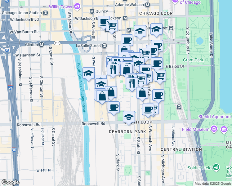 map of restaurants, bars, coffee shops, grocery stores, and more near 900 South Clark Street in Chicago