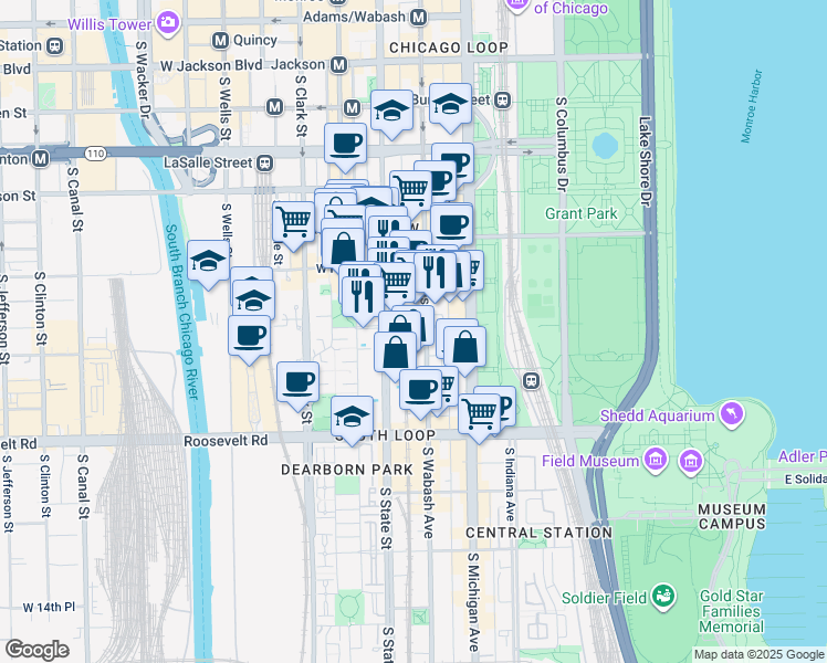 map of restaurants, bars, coffee shops, grocery stores, and more near 900 South State Street in Chicago