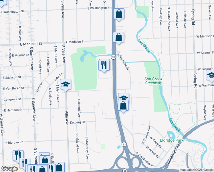 map of restaurants, bars, coffee shops, grocery stores, and more near 650 East Van Buren Street in Villa Park