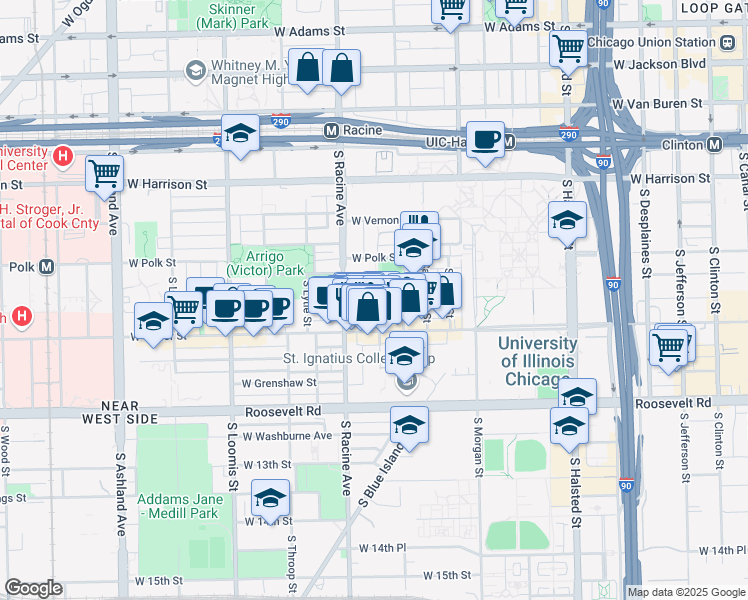 map of restaurants, bars, coffee shops, grocery stores, and more near 906 South May Street in Chicago