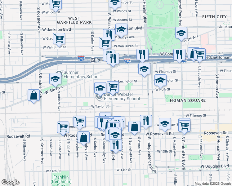 map of restaurants, bars, coffee shops, grocery stores, and more near 3940 West Polk Street in Chicago