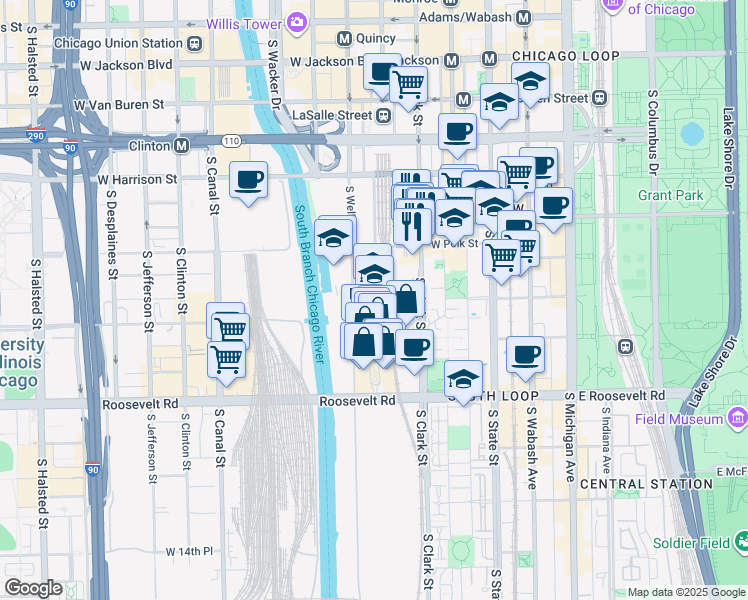 map of restaurants, bars, coffee shops, grocery stores, and more near 161 West 9th Street in Chicago