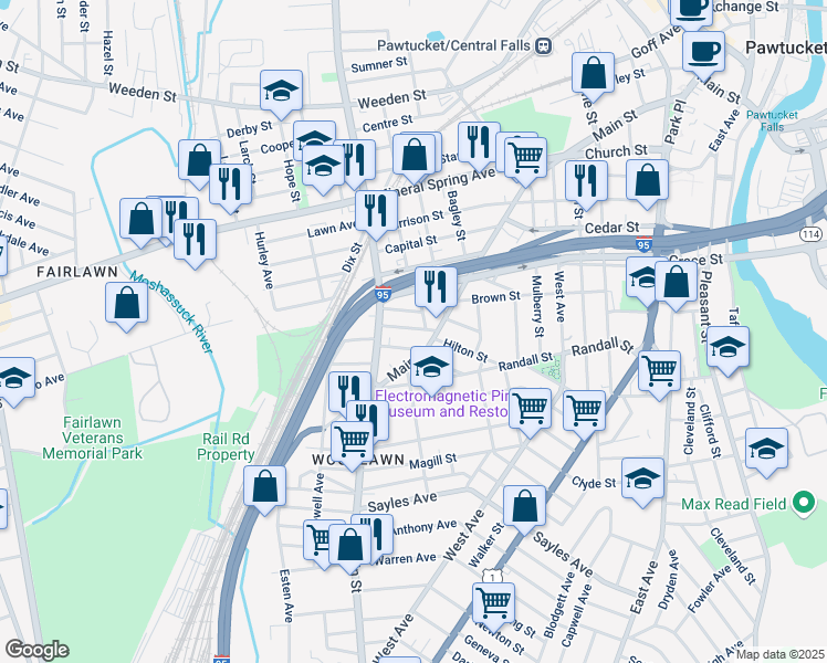 map of restaurants, bars, coffee shops, grocery stores, and more near 12 Carson Street in Pawtucket