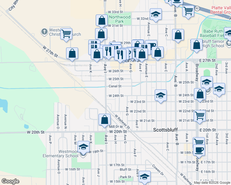 map of restaurants, bars, coffee shops, grocery stores, and more near 2418 Avenue H in Scottsbluff