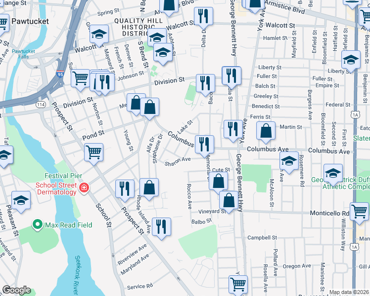 map of restaurants, bars, coffee shops, grocery stores, and more near 96 Columbus Avenue in Pawtucket