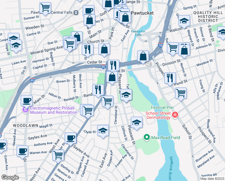 map of restaurants, bars, coffee shops, grocery stores, and more near 8 James Street in Pawtucket
