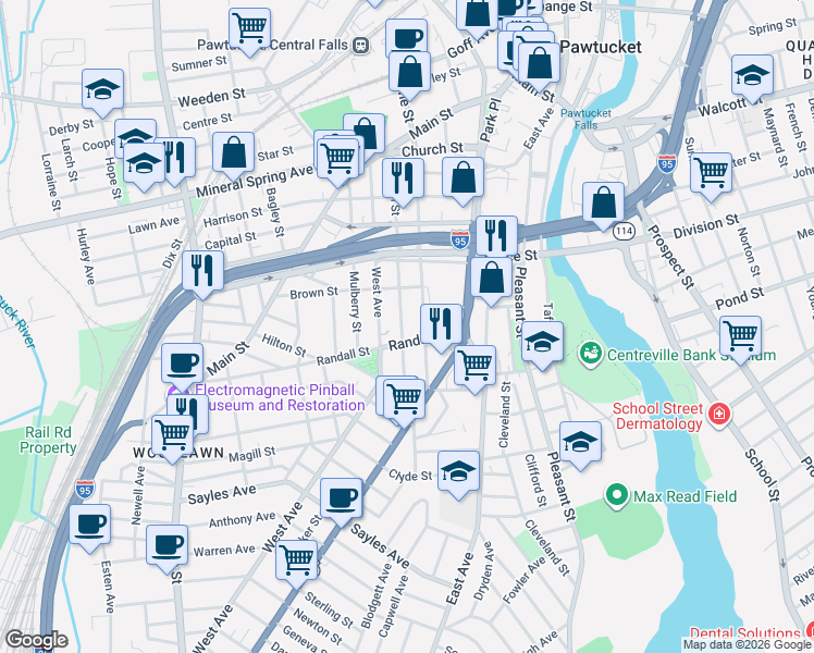 map of restaurants, bars, coffee shops, grocery stores, and more near 71 Pine Street in Pawtucket