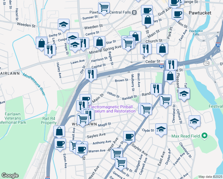 map of restaurants, bars, coffee shops, grocery stores, and more near 744 Main Street in Pawtucket