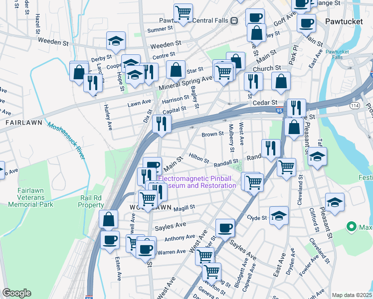 map of restaurants, bars, coffee shops, grocery stores, and more near 744 Main Street in Pawtucket