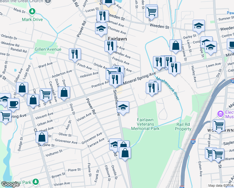 map of restaurants, bars, coffee shops, grocery stores, and more near 375 Smithfield Avenue in Pawtucket