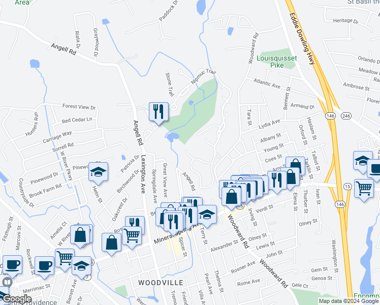 map of restaurants, bars, coffee shops, grocery stores, and more near 103 Palmer Drive in North Providence