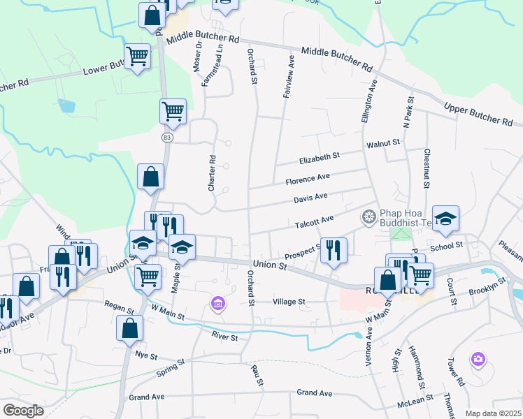 map of restaurants, bars, coffee shops, grocery stores, and more near 68 Davis Road in Ellington