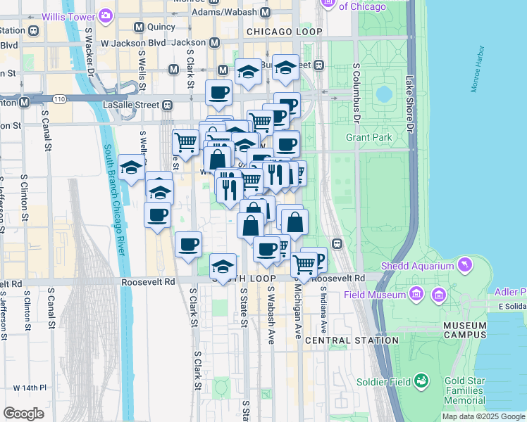 map of restaurants, bars, coffee shops, grocery stores, and more near 900 South State Street in Chicago