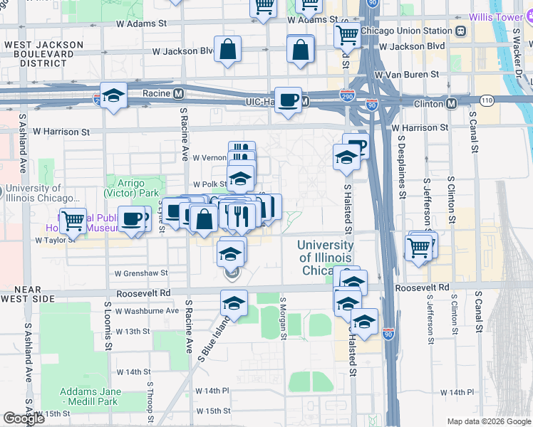 map of restaurants, bars, coffee shops, grocery stores, and more near 828 South Miller Street in Chicago