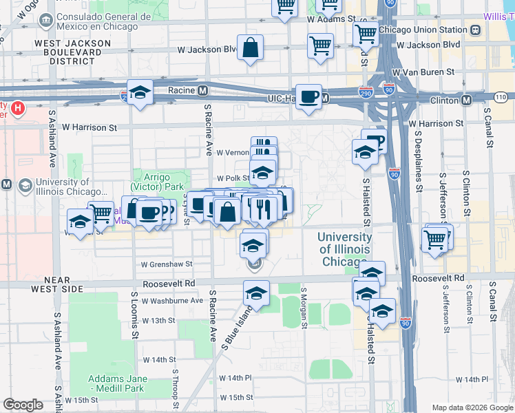 map of restaurants, bars, coffee shops, grocery stores, and more near 820 South Carpenter Street in Chicago