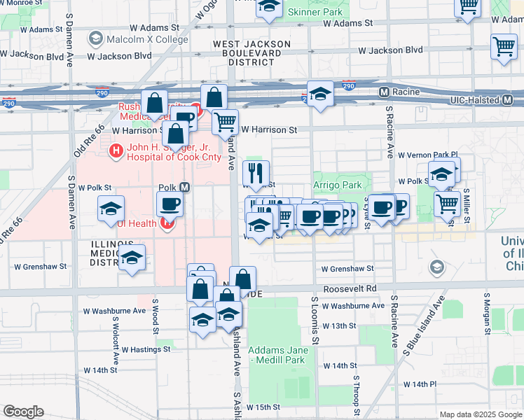 map of restaurants, bars, coffee shops, grocery stores, and more near 814 South Laflin Street in Chicago