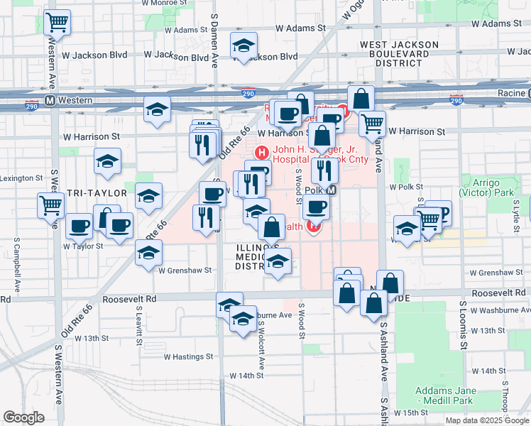 map of restaurants, bars, coffee shops, grocery stores, and more near 835 South Wolcott Avenue in Chicago