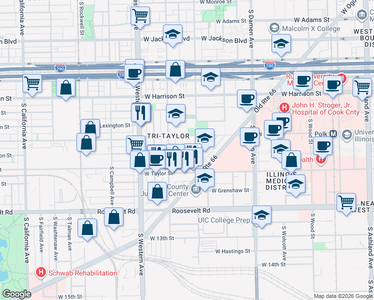 map of restaurants, bars, coffee shops, grocery stores, and more near 808 South Bell Avenue in Chicago