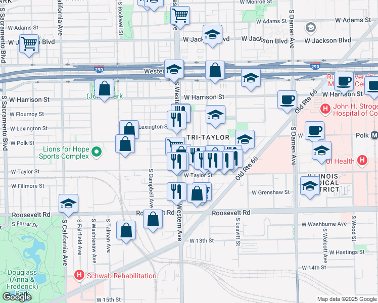 map of restaurants, bars, coffee shops, grocery stores, and more near in Chicago