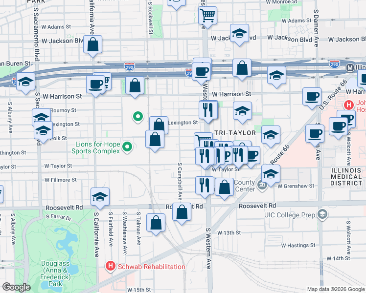 map of restaurants, bars, coffee shops, grocery stores, and more near 809 South Campbell Avenue in Chicago