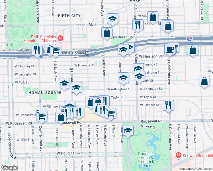 map of restaurants, bars, coffee shops, grocery stores, and more near 3136 West Polk Street in Chicago