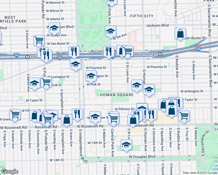 map of restaurants, bars, coffee shops, grocery stores, and more near 3600 West Polk Street in Chicago