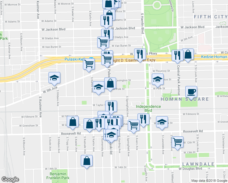map of restaurants, bars, coffee shops, grocery stores, and more near 3940 West Polk Street in Chicago