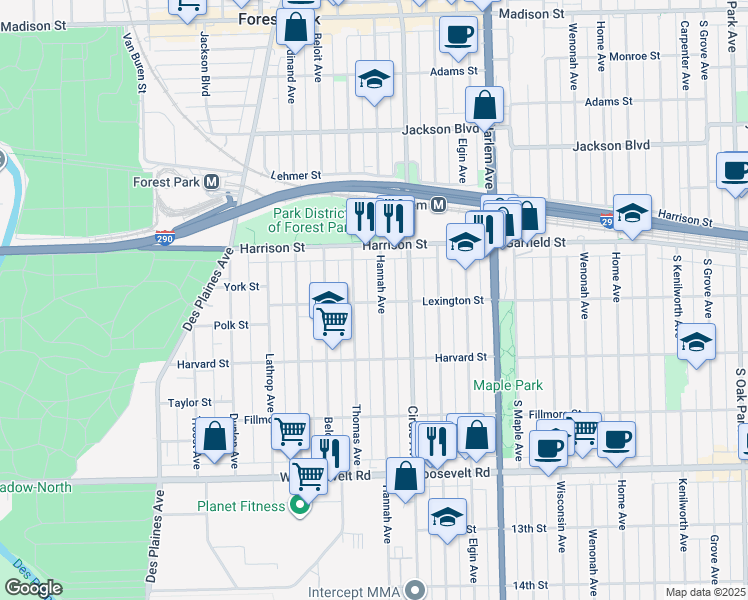 map of restaurants, bars, coffee shops, grocery stores, and more near 436 Thomas Avenue in Forest Park