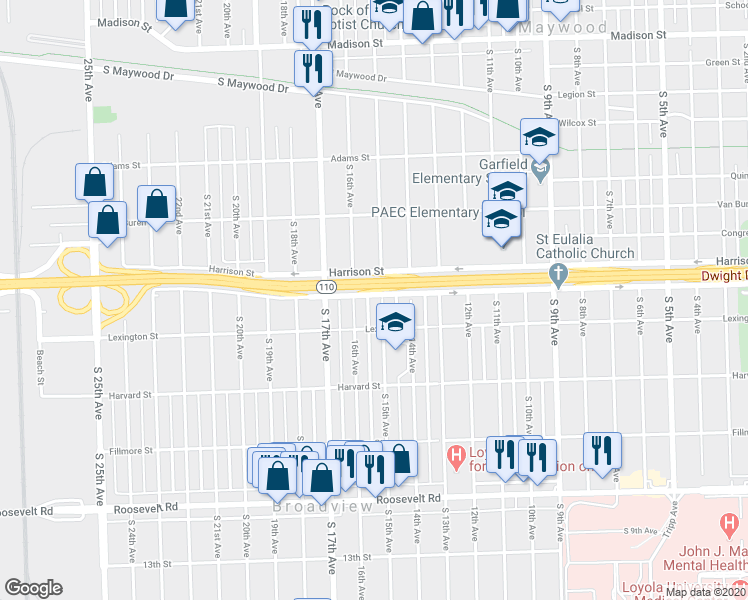 map of restaurants, bars, coffee shops, grocery stores, and more near 1801 South 15th Avenue in Broadview