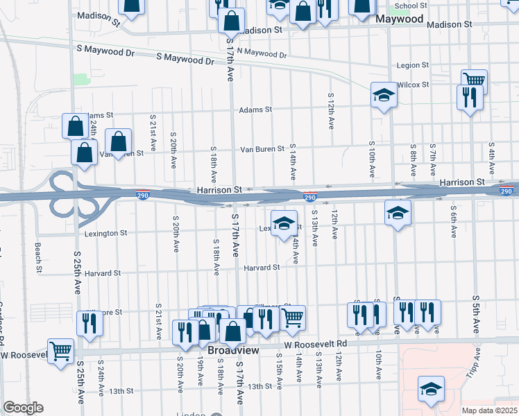 map of restaurants, bars, coffee shops, grocery stores, and more near 1645 Harrison Street in Maywood