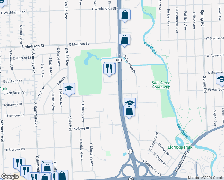 map of restaurants, bars, coffee shops, grocery stores, and more near 650 East Van Buren Street in Villa Park