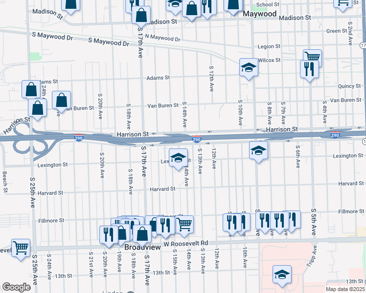 map of restaurants, bars, coffee shops, grocery stores, and more near 1400 Bataan Drive in Broadview