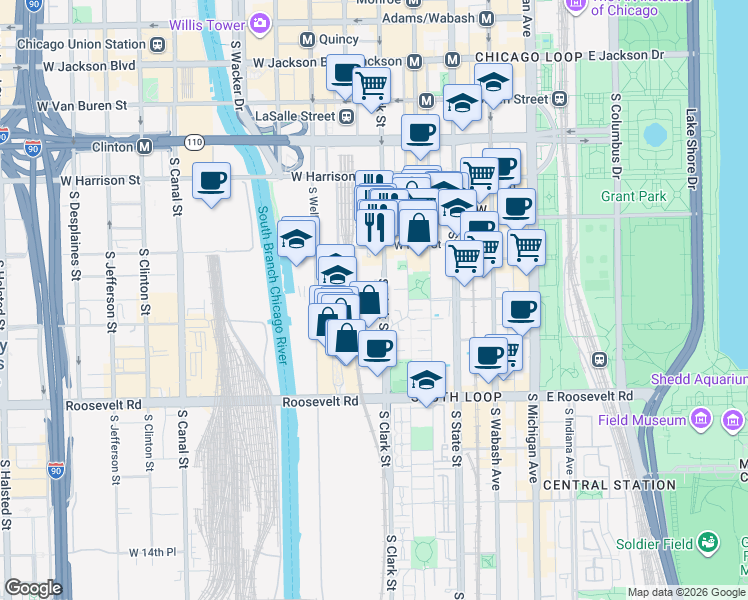 map of restaurants, bars, coffee shops, grocery stores, and more near 900 South Clark Street in Chicago