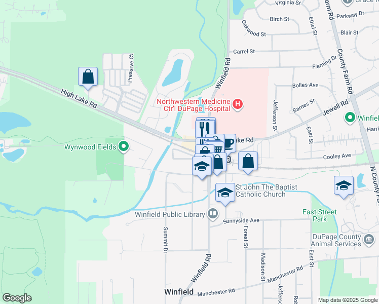 map of restaurants, bars, coffee shops, grocery stores, and more near 27W525 High Lake Road in Winfield