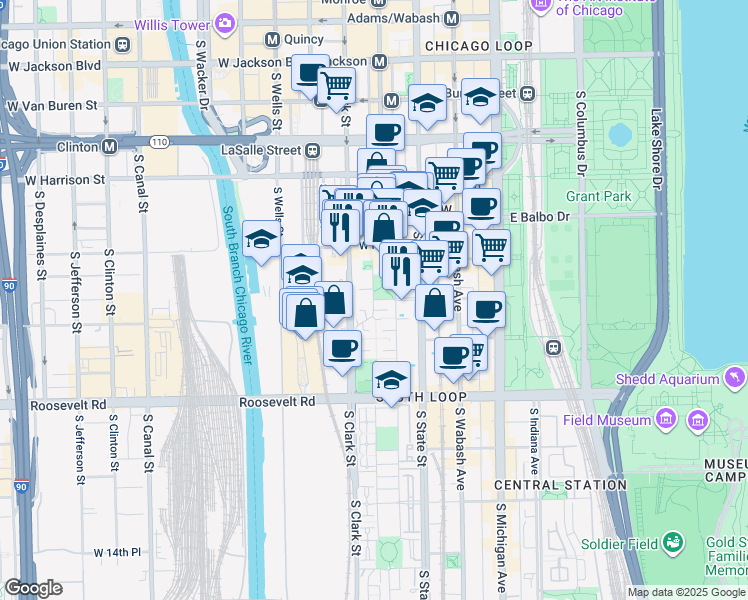map of restaurants, bars, coffee shops, grocery stores, and more near West 9th Street in Chicago