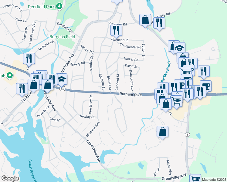 map of restaurants, bars, coffee shops, grocery stores, and more near 2 Barnes Street in Smithfield