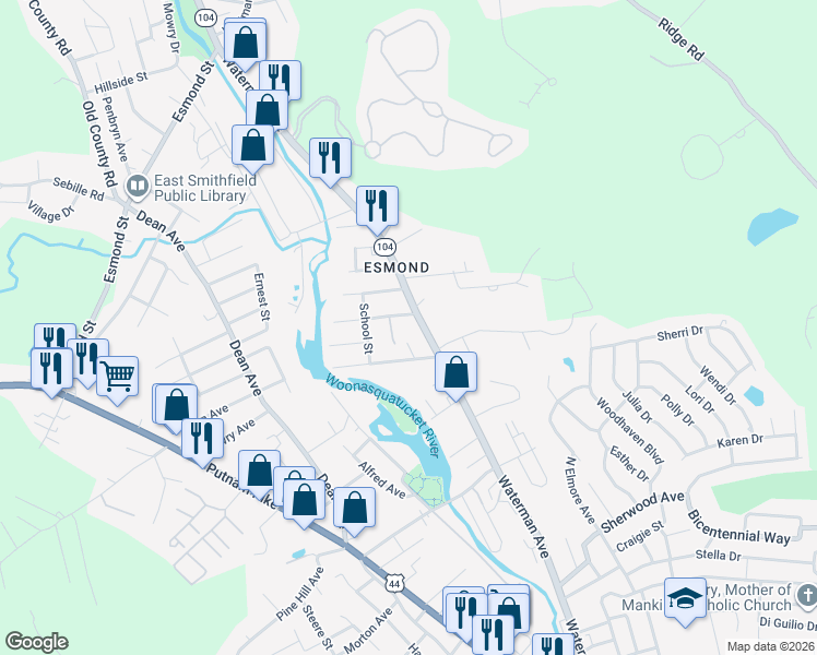 map of restaurants, bars, coffee shops, grocery stores, and more near 3 Minoru Street in Smithfield