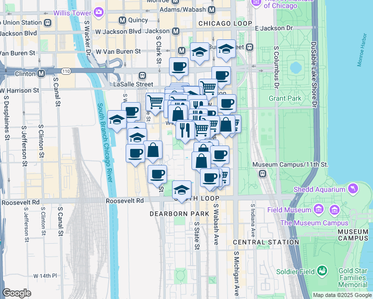 map of restaurants, bars, coffee shops, grocery stores, and more near West 9th Street in Chicago
