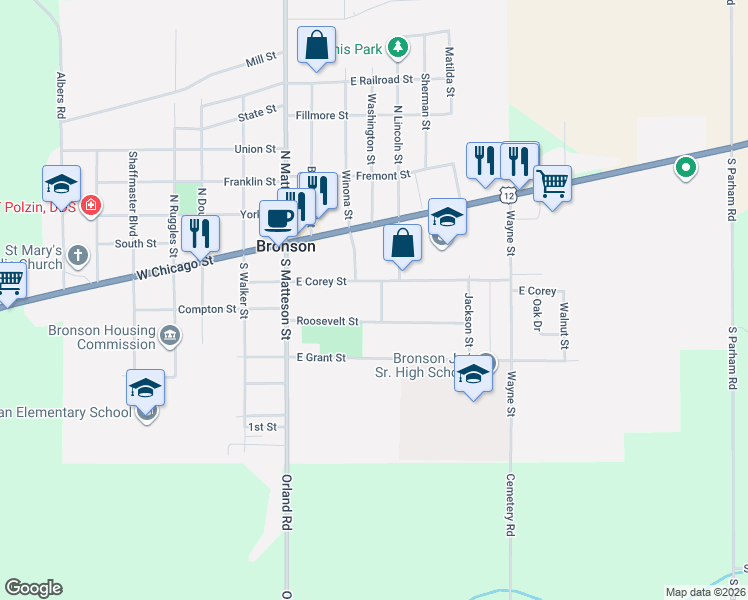 map of restaurants, bars, coffee shops, grocery stores, and more near 218 East Corey Street in Bronson