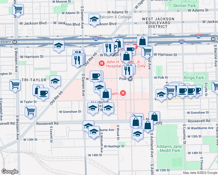 map of restaurants, bars, coffee shops, grocery stores, and more near 1853 West Polk Street in Chicago