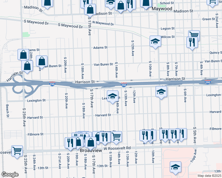 map of restaurants, bars, coffee shops, grocery stores, and more near 1801 South 15th Avenue in Broadview