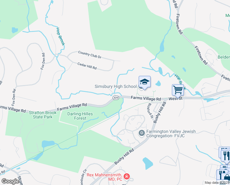 map of restaurants, bars, coffee shops, grocery stores, and more near in Simsbury